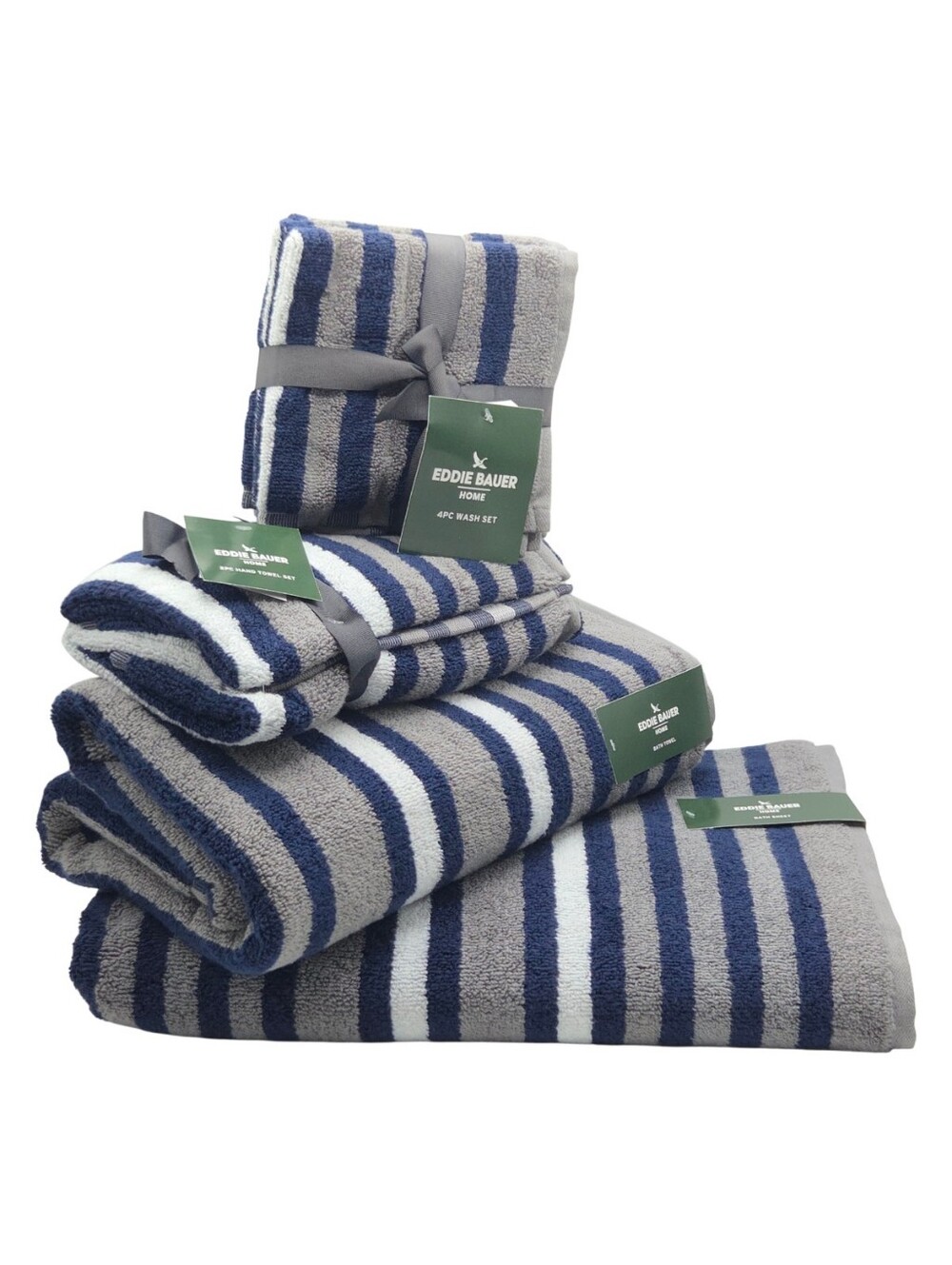 Eddie Bauer Home 8pc Striped Towel Set Navy Grey Cotton 1Bath 1Sheet 2Hand 4Wash